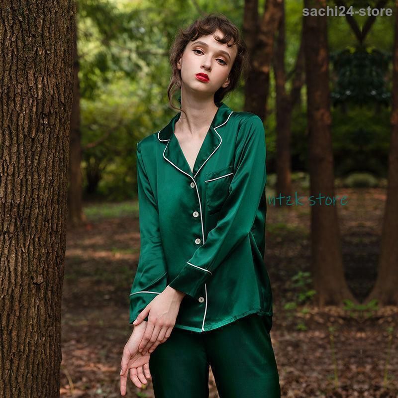 ルームウェア パジャマ レディース 上下セット 長袖 前開き 天然シルク 長ズボン サテン 部屋着 寝巻き 快適 母の日 誕生日 オールシーズン GINKGOPHARMACY_COM