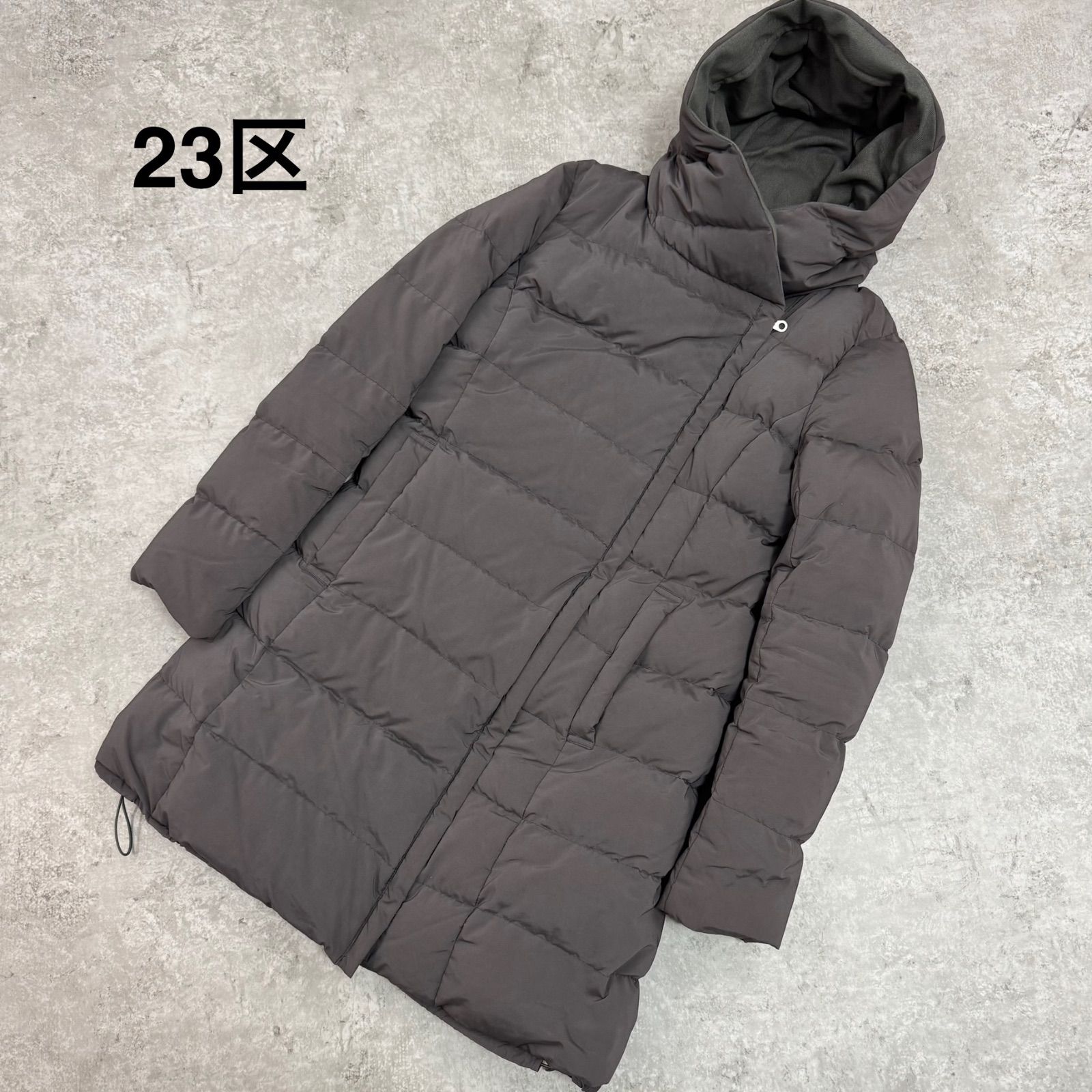 23区 ロングダウンコート Aライン フーテッド サイズ38 チャコール グレー カーキ ダウンコート フード