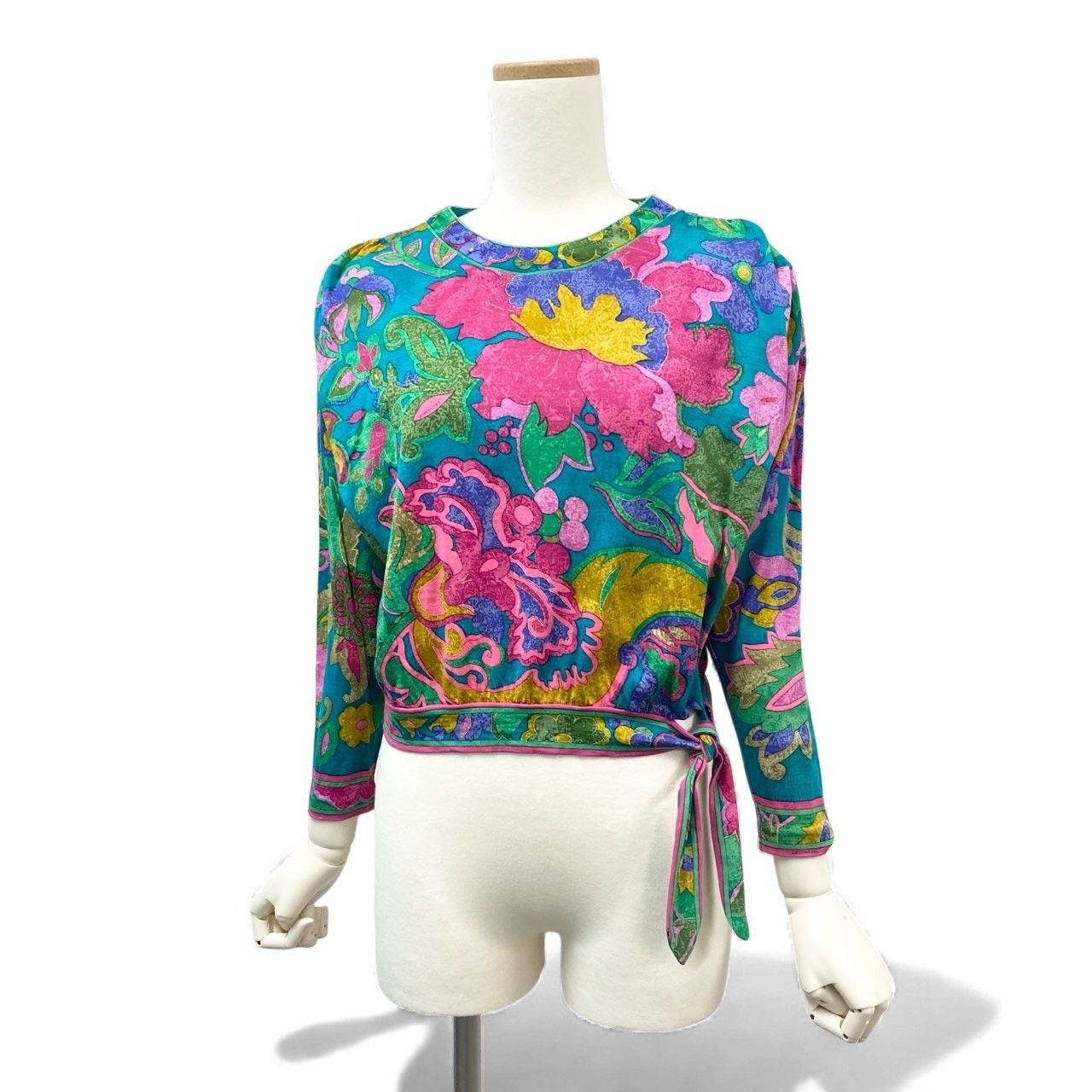 21k11 LEONARD レオナール ロングスリーブ カットソー 美しい花柄プリント ドルマンスリーブ 裾リボン レディース S グリーン系 ウールシルクu02t