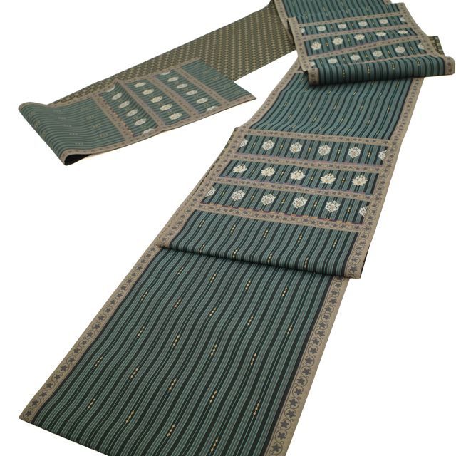 袋帯 リサイクル 京都 西陣 まいづる 正絹 黒 ターコイズ 利休色 縞 唐花 セミフォーマル カジュアル 春 秋 冬 仕立て上がり みやがわ sb 54719