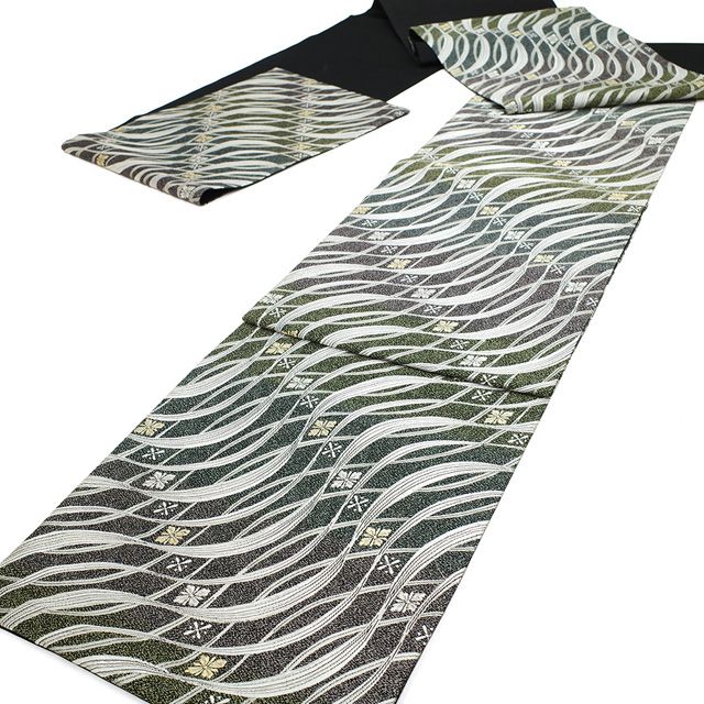 袋帯 正絹 京都 西陣 黒地 ラメ箔糸 黄 青 ピンク 流線形 花菱 金銀糸 フォーマル セミフォーマル 春 秋 冬 仕立て上がり みやがわ sb 54720