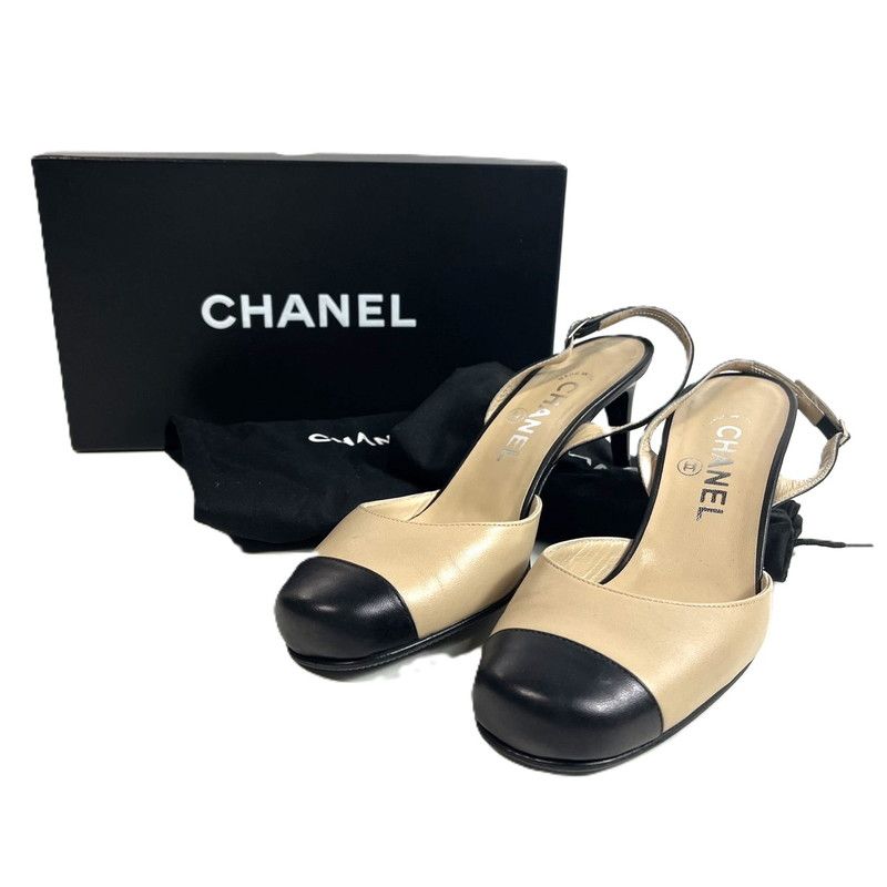 品 CHANEL シャネル ヒールパンプス スリングバック ヒールストラップ CC ココマーク ベージュ ブラック サイズ37 183 250706 SS 03 ich