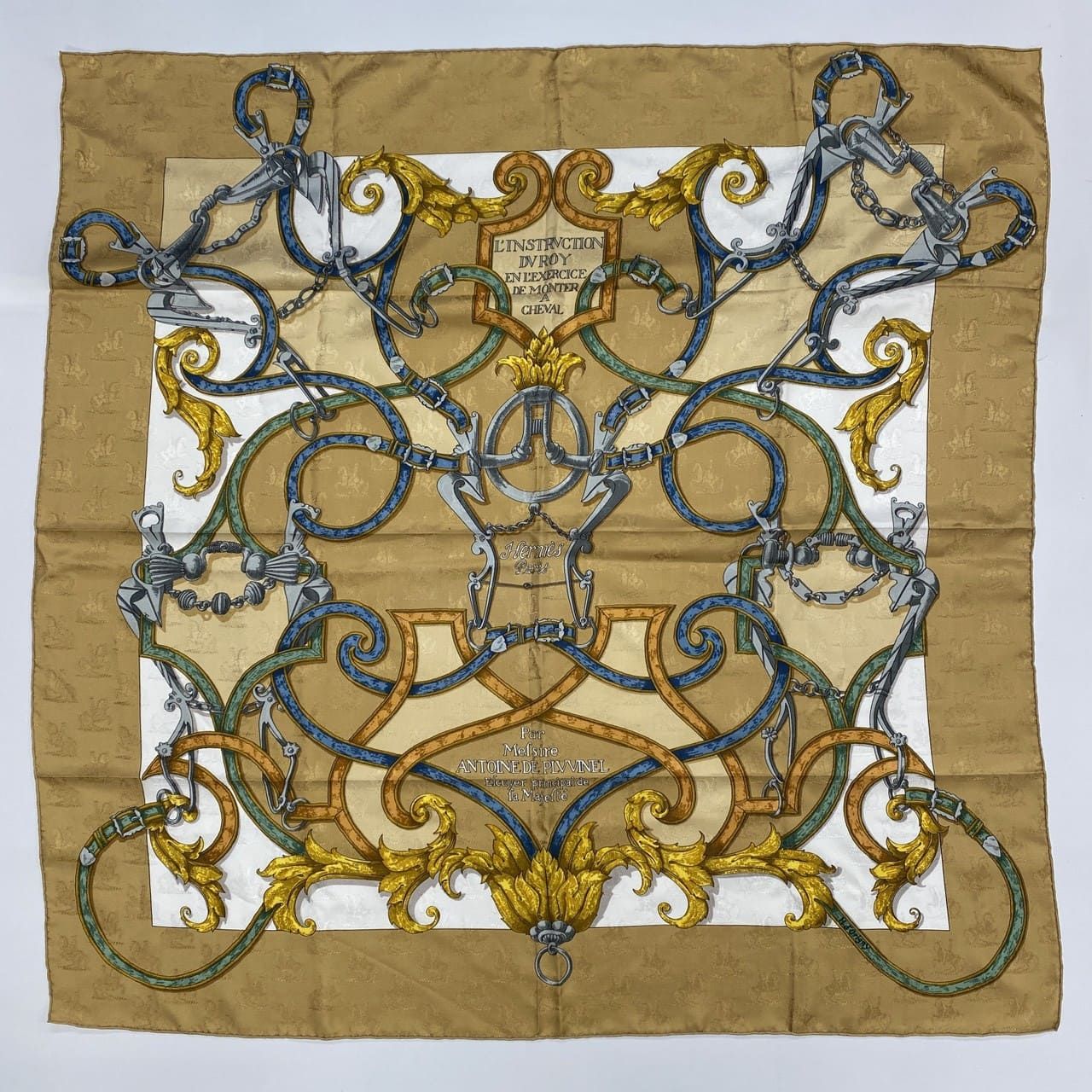 HERMES エルメス カレ90 スカーフ L INSTRUCTION DU ROY 帝王学 シルク ブラウン ゴールド レディース メンズ ヴィンテージ ファッション