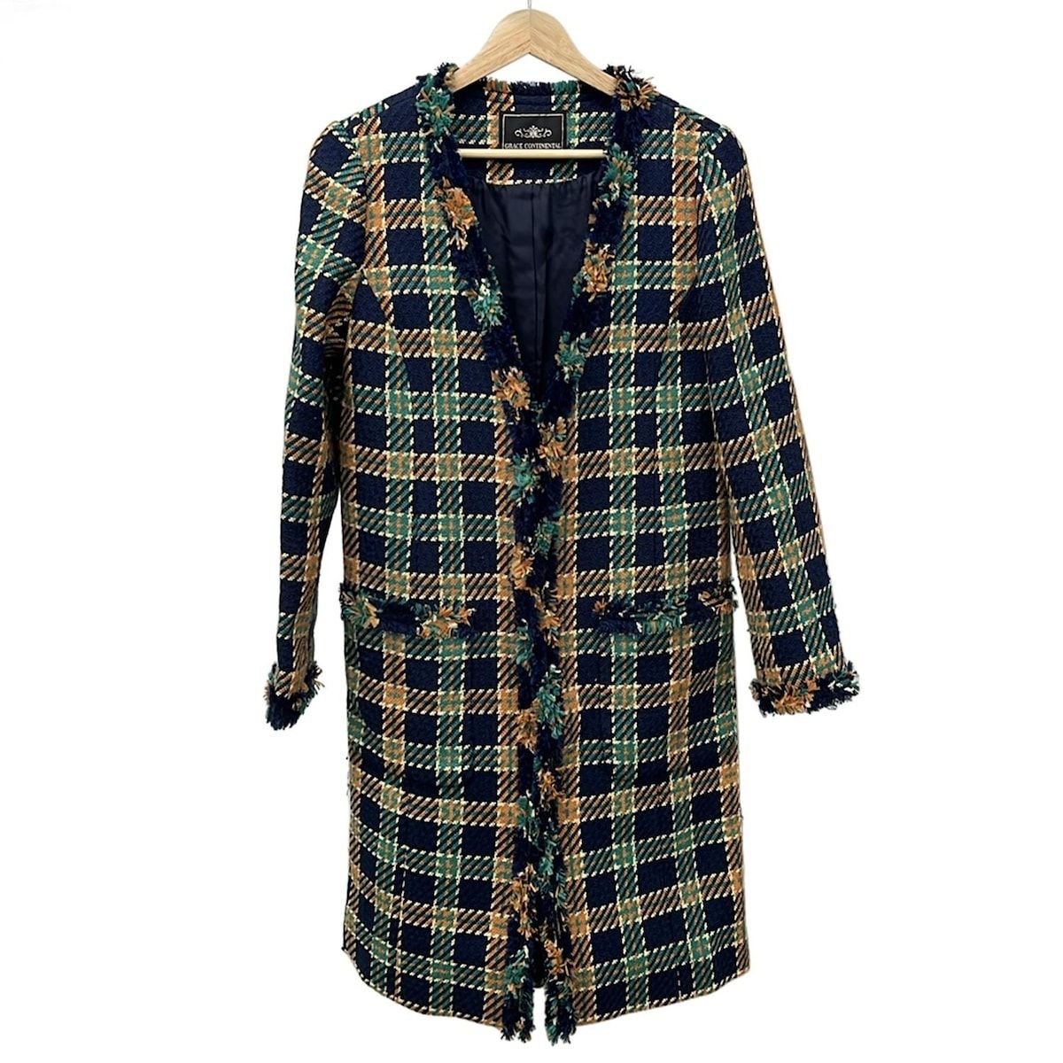 グレースコンチネンタル コート サイズ38 M レディース - ダークネイビー×グリーン×ライトブラウン 長袖 チェック柄 春 秋