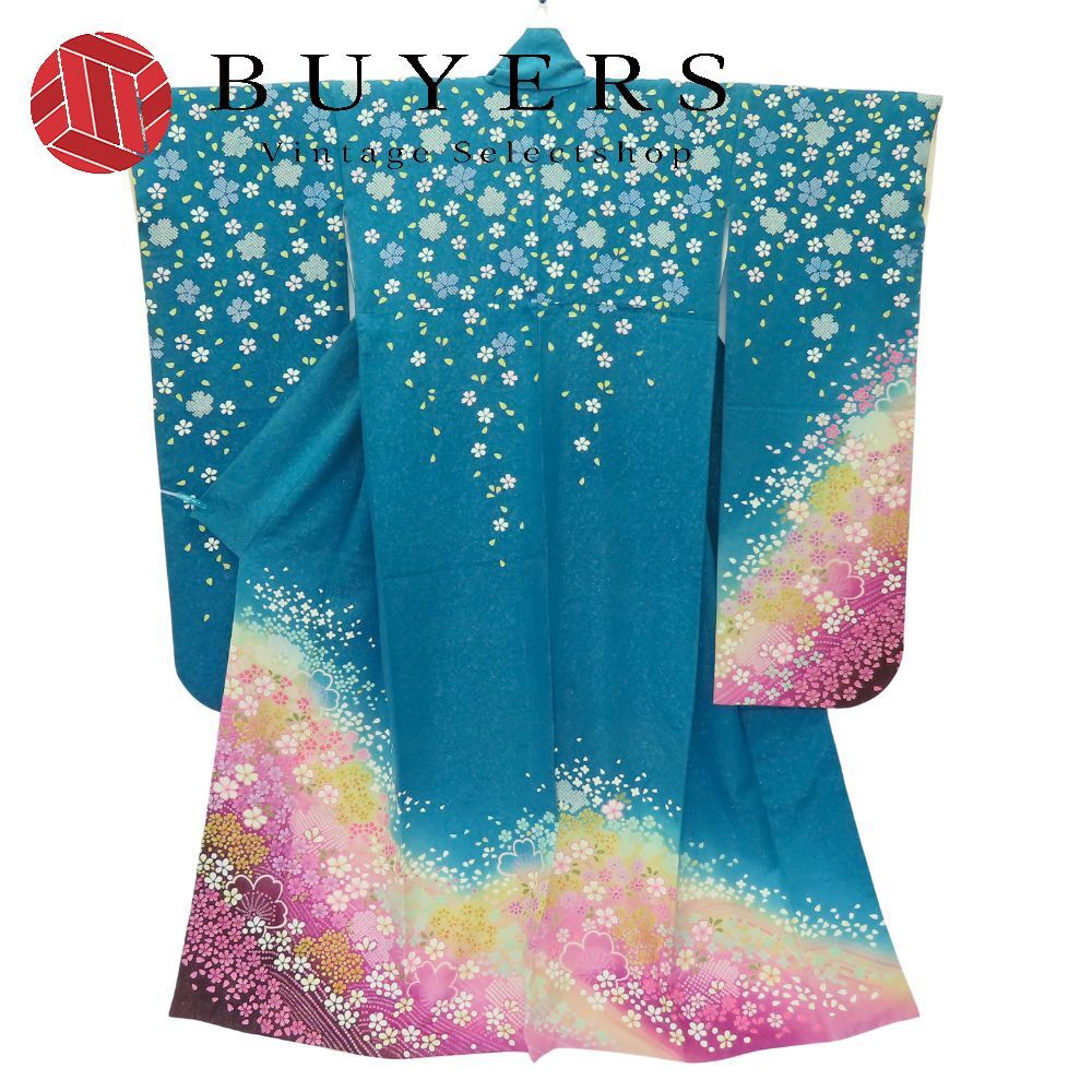 中古】 振袖 正絹(金銀糸除く) エメラルドグリーン 成人式 和装 呉服