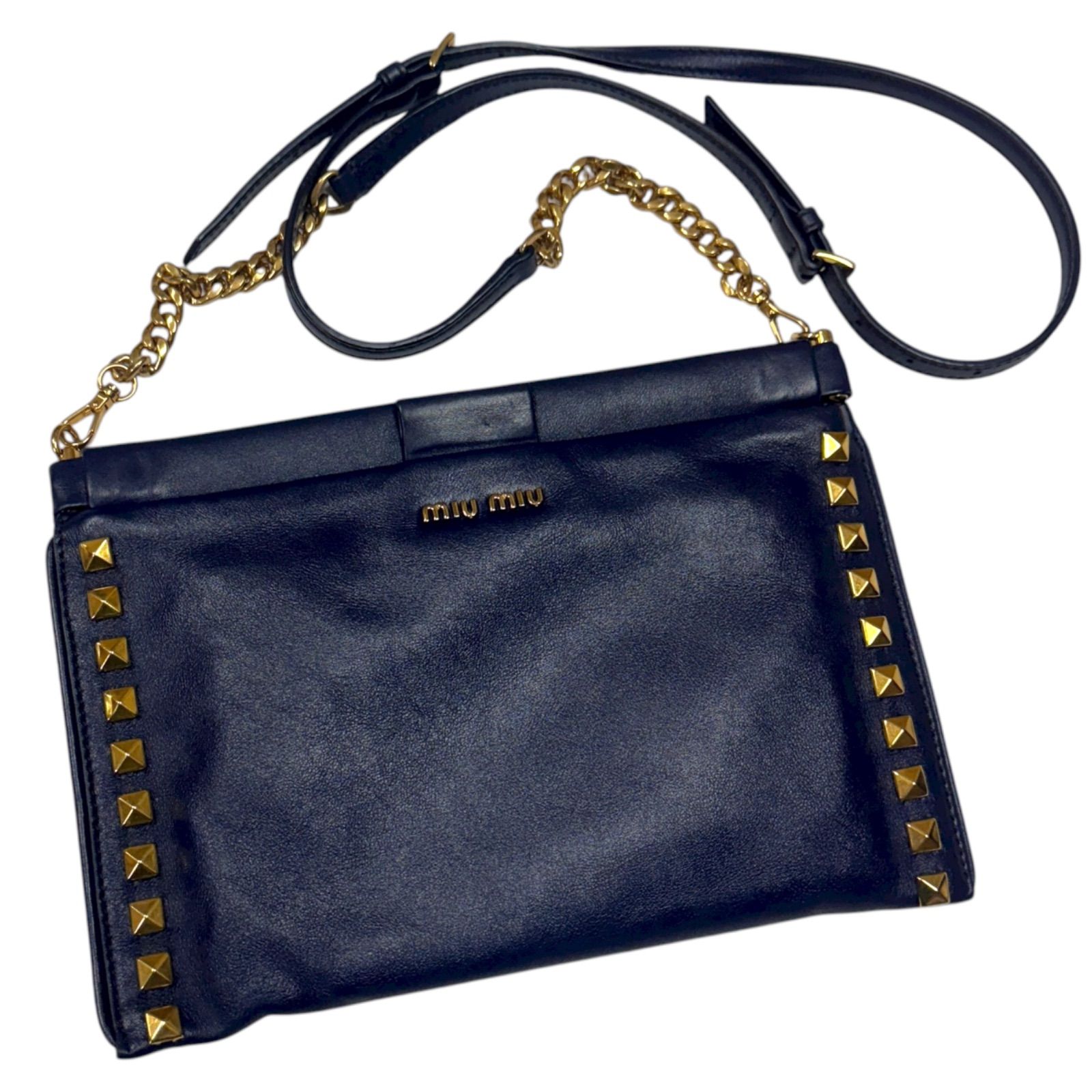 ミュウミュウ　スタッズ　クラッチバック 美品 miu miu ミュウミュウ 2way スタッズ チェーンショルダーバッグ