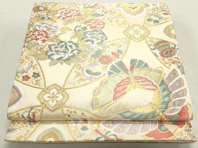 平和屋着物 六通柄袋帯 唐織 華織 七宝舞蝶花文 金糸 正絹 ob