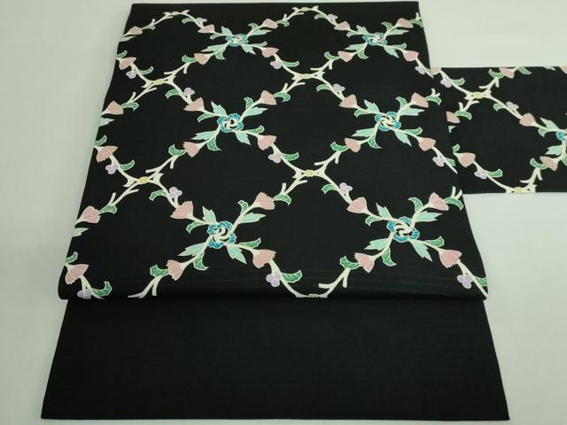 平和屋着物 上 夏物 絽塩瀬 九寸名古屋帯 網目花文 黒地 金彩 kh 5