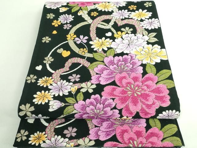 平和屋着物 上 両面 六通柄袋帯 唐織 舞花文 黒地 金糸 kh 5