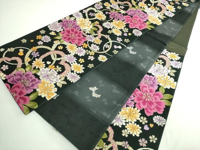  平和屋着物 上 両面 六通柄袋帯 唐織 舞花文 黒地 金糸 kh 5 袋帯 帯