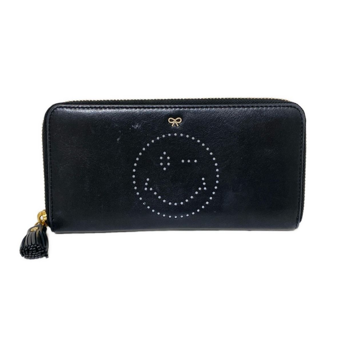 Anya Hindmarch アニヤハインドマーチ 長財布 スマイリーウィンク 黒 ラウンドファスナー レザー