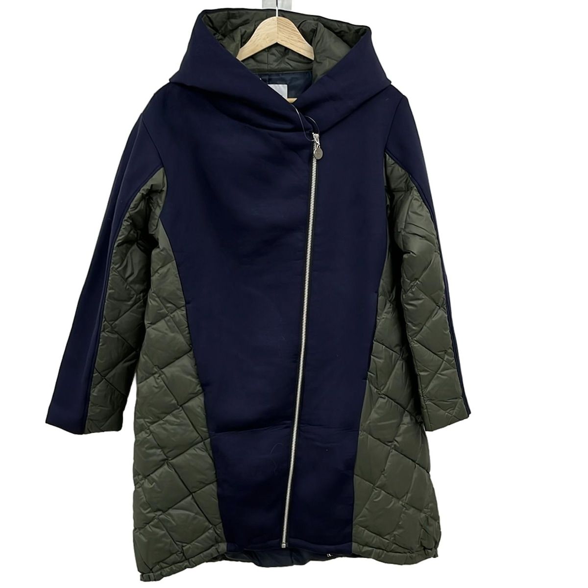 マルシャル テル ダウンコート サイズ2 M レディース - ダークネイビー×カーキ 長袖 ジップアップ 異素材切替 キルティング 冬
