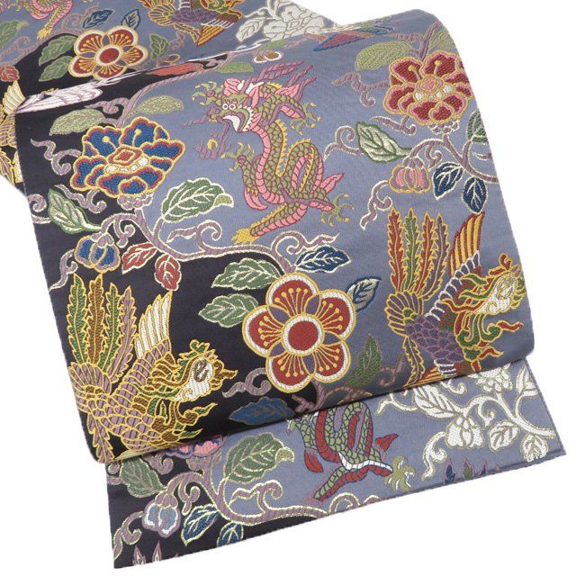 袋帯 リサイクル 正絹 フォーマル 仕立て上がり 六通 花模様 龍 鳳凰 箔糸 紫鼠色 黒紅色 多色 金 きもの北條 A 1295 15