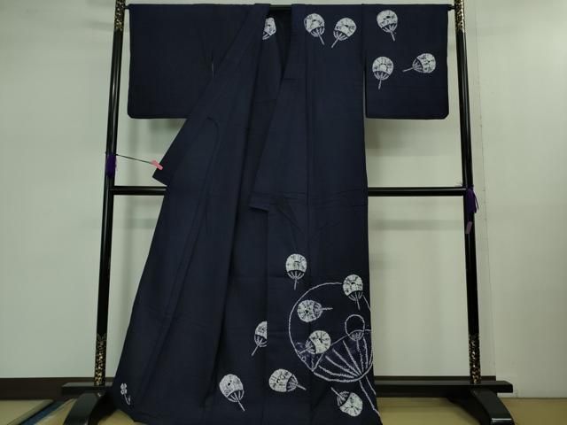 平和屋着物 上 夏物 浴衣 有松鳴海絞り 団扇 うちわ 紺色地 綿 kh 5