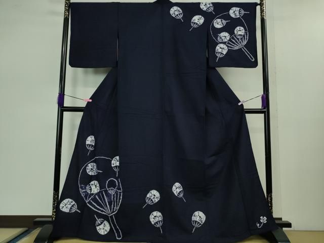 平和屋着物 上 夏物 浴衣 有松鳴海絞り 団扇 うちわ 紺色地 綿 kh 5