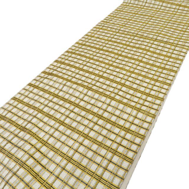 袋帯 リサイクル 正絹 カジュアル 仕立て上がり 全通 間道 格子模様 淡黄蘗色 黄色 黒色 きもの北條 A 1295-5