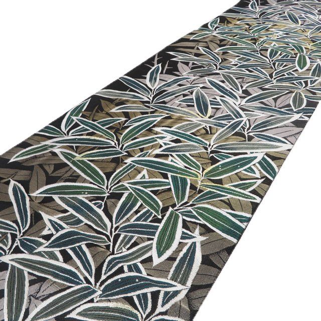 袋帯 リサイクル 正絹 セミフォーマル 仕立て上がり 六通 西陣織 証紙付き 熊笹文 金糸 黒色 濃緑色 灰色 きもの北條 A 1295-11