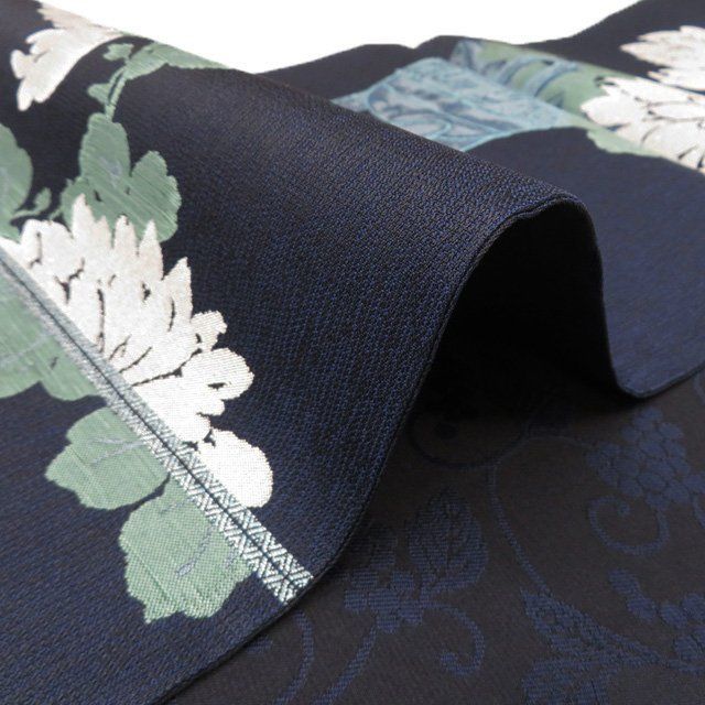  袋帯 正絹 セミフォーマル 仕立て上がり 六通 花の図 菊 花器 箔糸 濃紺色 多色 きもの北條 A 1295-12 袋帯 帯