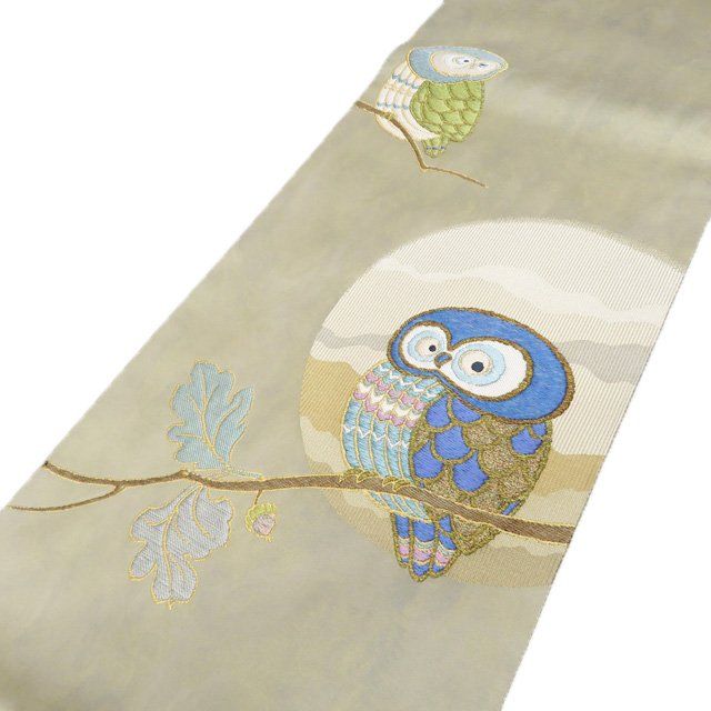 特選 袋帯 正絹 カジュアル 仕立て上がり お太鼓柄 フクロウの図 箔糸 やや薄い抹茶色 多色 金 きもの北條 A 1295 3