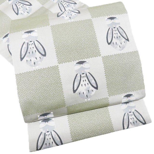 袋帯 リサイクル 正絹 カジュアル 仕立て上がり 全通 市松取り ふくろうの図 鹿の子模様 蕎麦切色 青丹色 きもの北條 A 1295 4