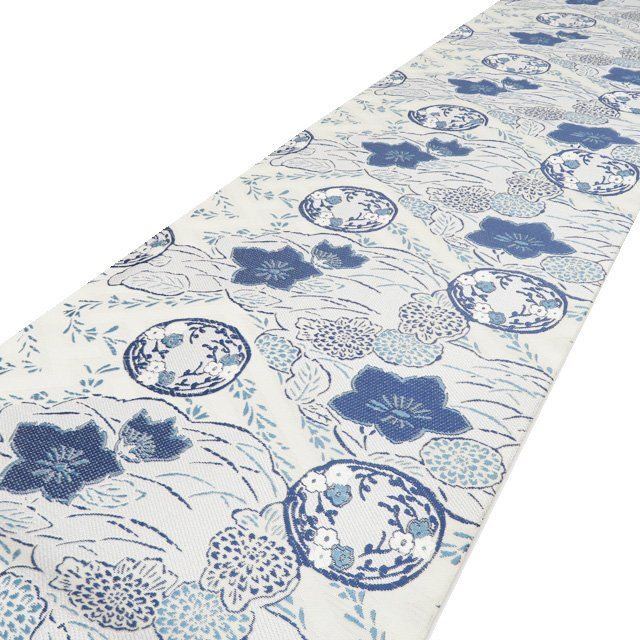 袋帯 リサイクル 正絹 カジュアル 仕立て上がり 六通 花模様 白鼠色 紺系色 きもの北條 A 1295-13