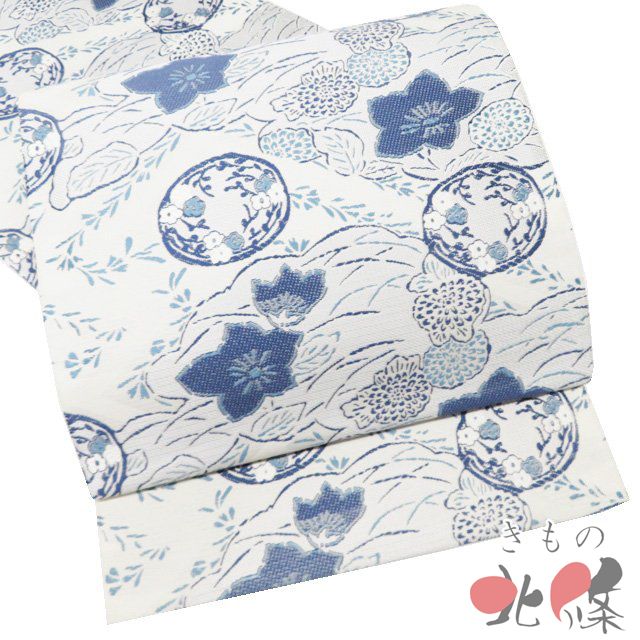 袋帯 リサイクル 正絹 カジュアル 仕立て上がり 六通 花模様 白鼠色 紺系色 きもの北條 A 1295 13