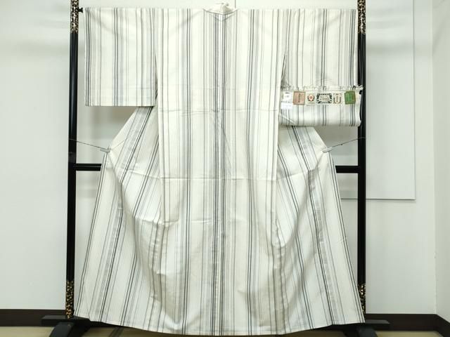 平和屋着物 上 結城紬 単衣 間道 砂色地 証紙付き s 5