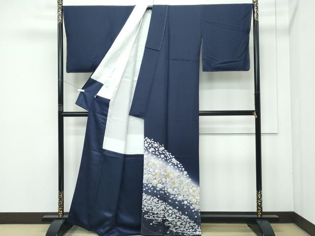 平和屋着物■極上　色留訪問着　相良刺繍　草花文　暈し染め　金糸　青褐色地　まるやま扱い　逸品　未使用　CZAA4074s5 平和屋着物□極上 色留訪問着 相良刺繍 草花文 暈し染め 金糸 青褐色地