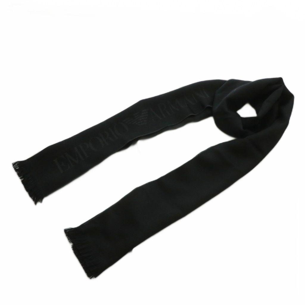 エンポリオアルマーニ EMPORIO ARMANI マフラー ストール 羊毛 ウール ロゴ フリンジ 黒 ブラック 3A313 620105 XZ GY19