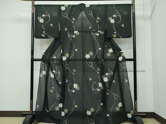 平和屋着物■極上 夏物 パリコレクション ファッションモデル・デザイナー 山口小夜子 小紋 銀 楓 唐草文 黒地 洗える着物 逸品 CZAA4090s5 平和屋着物□極上 夏物 パリコレクション ファッションモデル