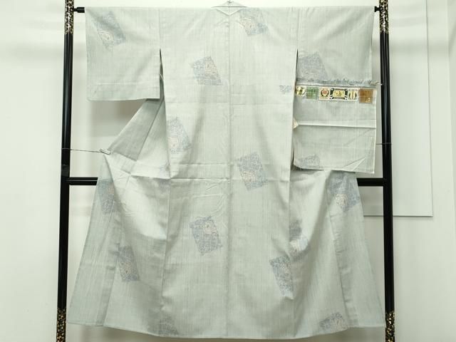 平和屋着物 上 本場結城紬 重要無形文化財 単衣 100亀甲 飛び亀甲柄 色紙牡丹文 柳鼠色地 証紙付き s 5