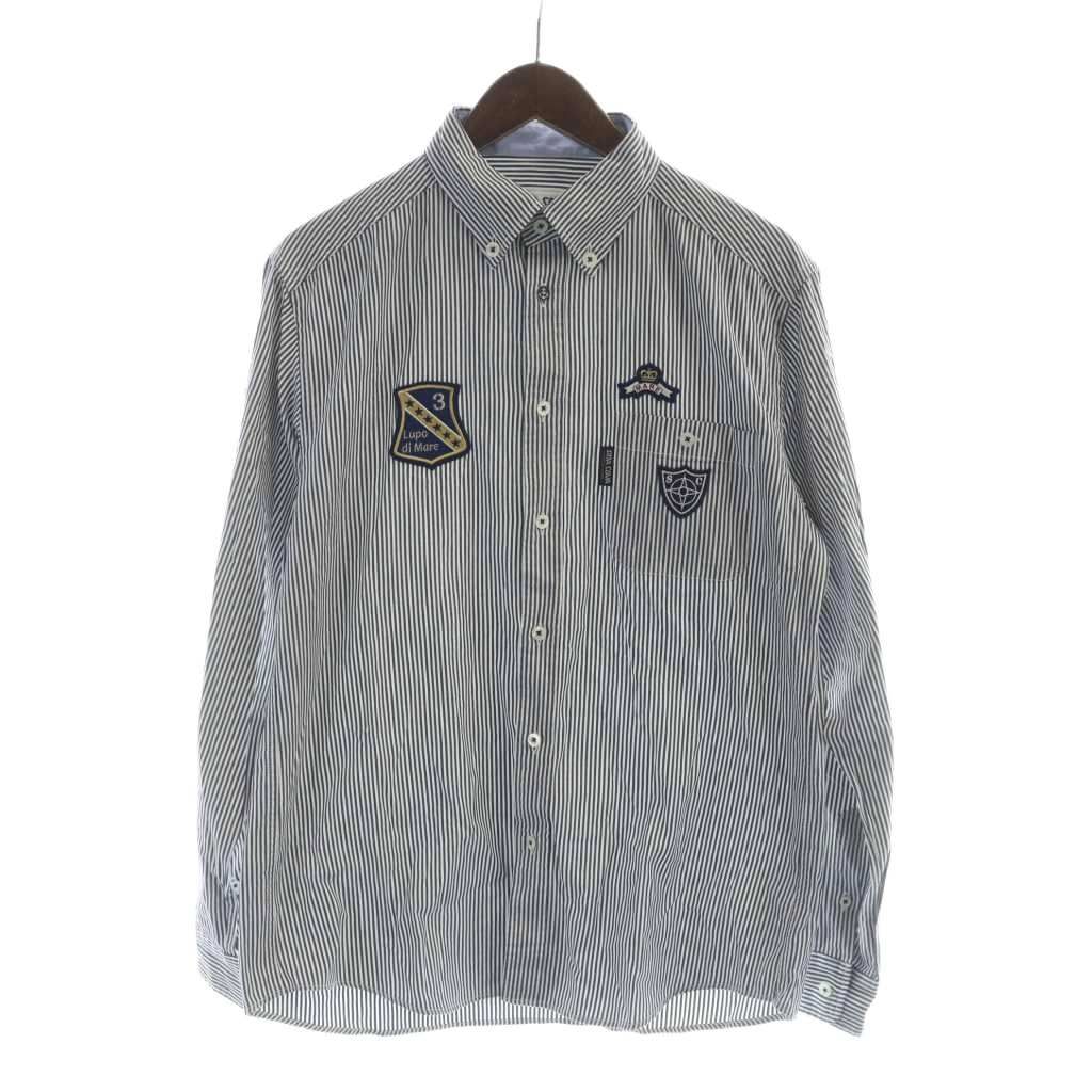 シナコバ SINA COVA ボタンダウンシャツ 長袖 ストライプ ロゴ ワッペン L 紺 ネイビー 白 ホワイト GY11 MQ