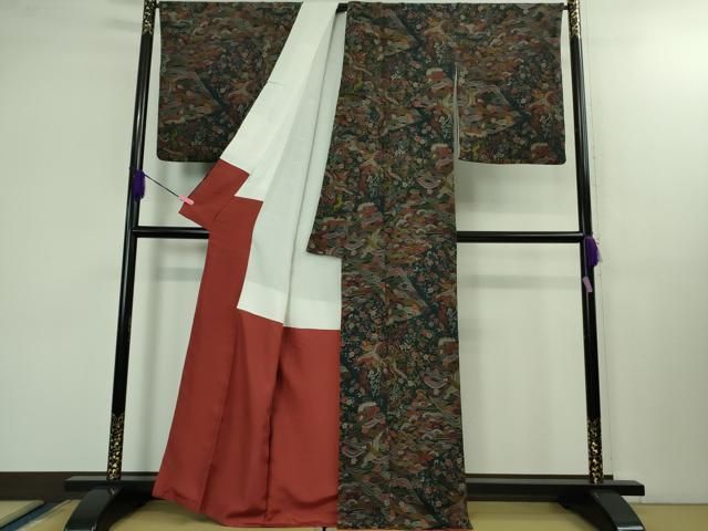 平和屋着物 上 に志田 小紋 切嵌 鴛鴦鳳凰花文 鬼しぼ縮緬 たとう紙付き kh 5