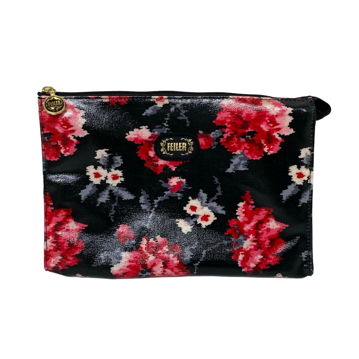 FEILER フェイラー ポーチ - 黒×ピンク×マルチ 花柄 ファスナーポケットあり
