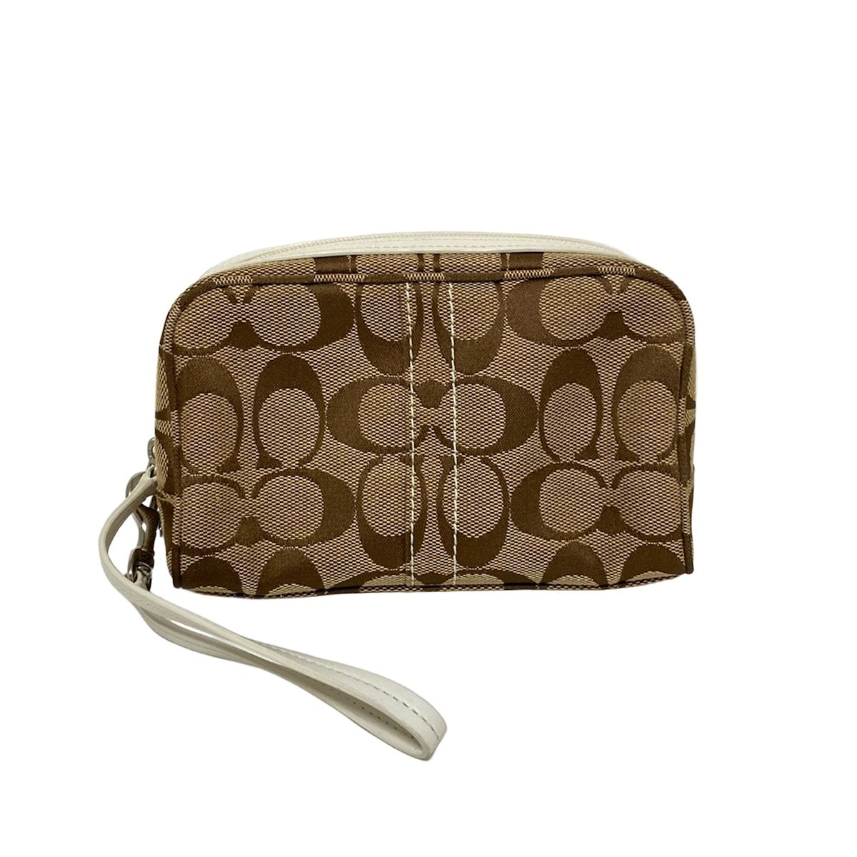 COACH コーチ ポーチ シグネチャー柄 カーキ×白 レザー