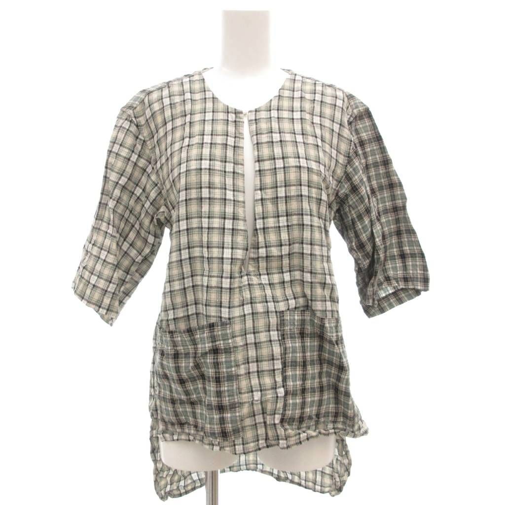 ニコラス デイリー NICHOLAS DALEY リネンブラウス シャツ 五分袖 チェック 英国製 34 緑 グリーン 黒 ブラック GV GY30