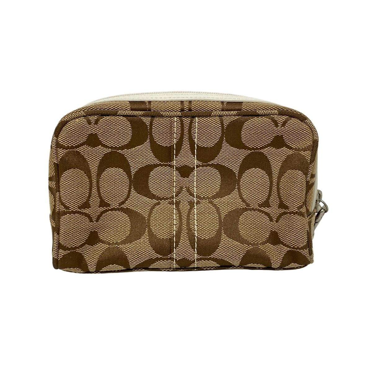 COACH コーチ ポーチ シグネチャー柄 カーキ×白 レザー
