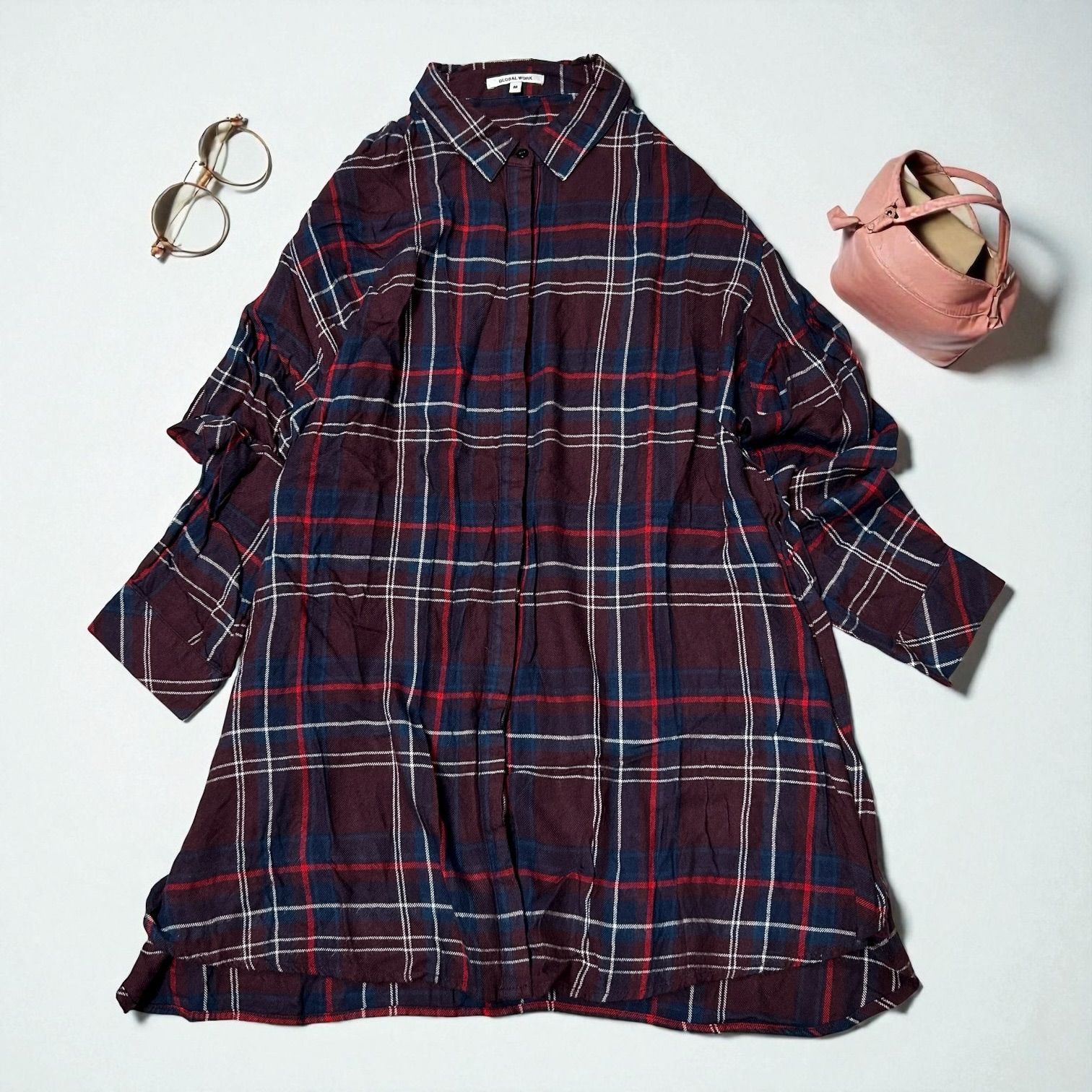 GLOBAL WORK グローバルワーク　チュニック　チェックシャツ　ワンピース　レディース　長袖　M トップス