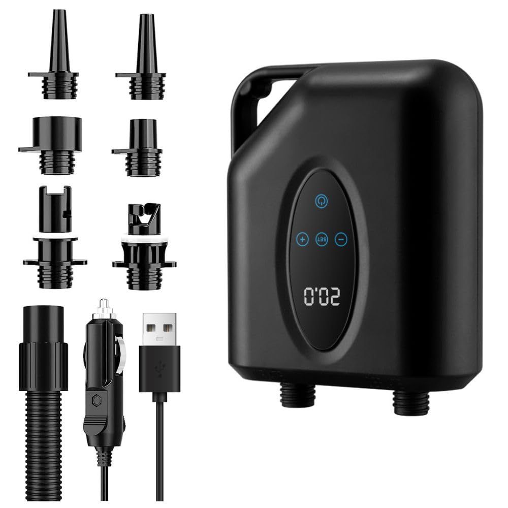 OBEST サップ 電動ポンプ sup 電動ポンプ 20PSI 6つのノズル 空気入れ 空気抜き 両対応 自動停止機能 過熱保護機能 ライト付き ポータブル サップボード カヤック ゴムボート インフレータブルボート エアベッド エアーテント 日本語説明