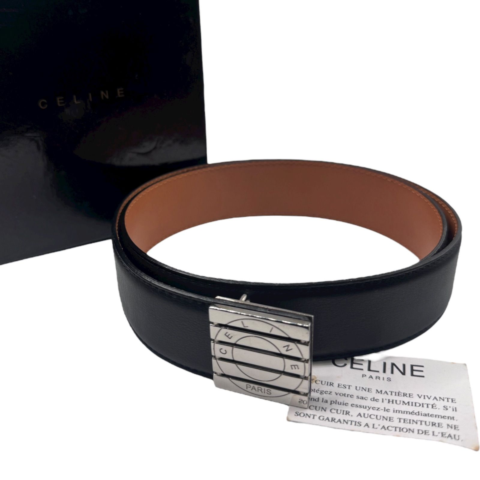 CELINE セリーヌ サークルロゴ スクエア金具 レザーベルト ブラック シルバー 本革 イタリア製 ヴィンテージ