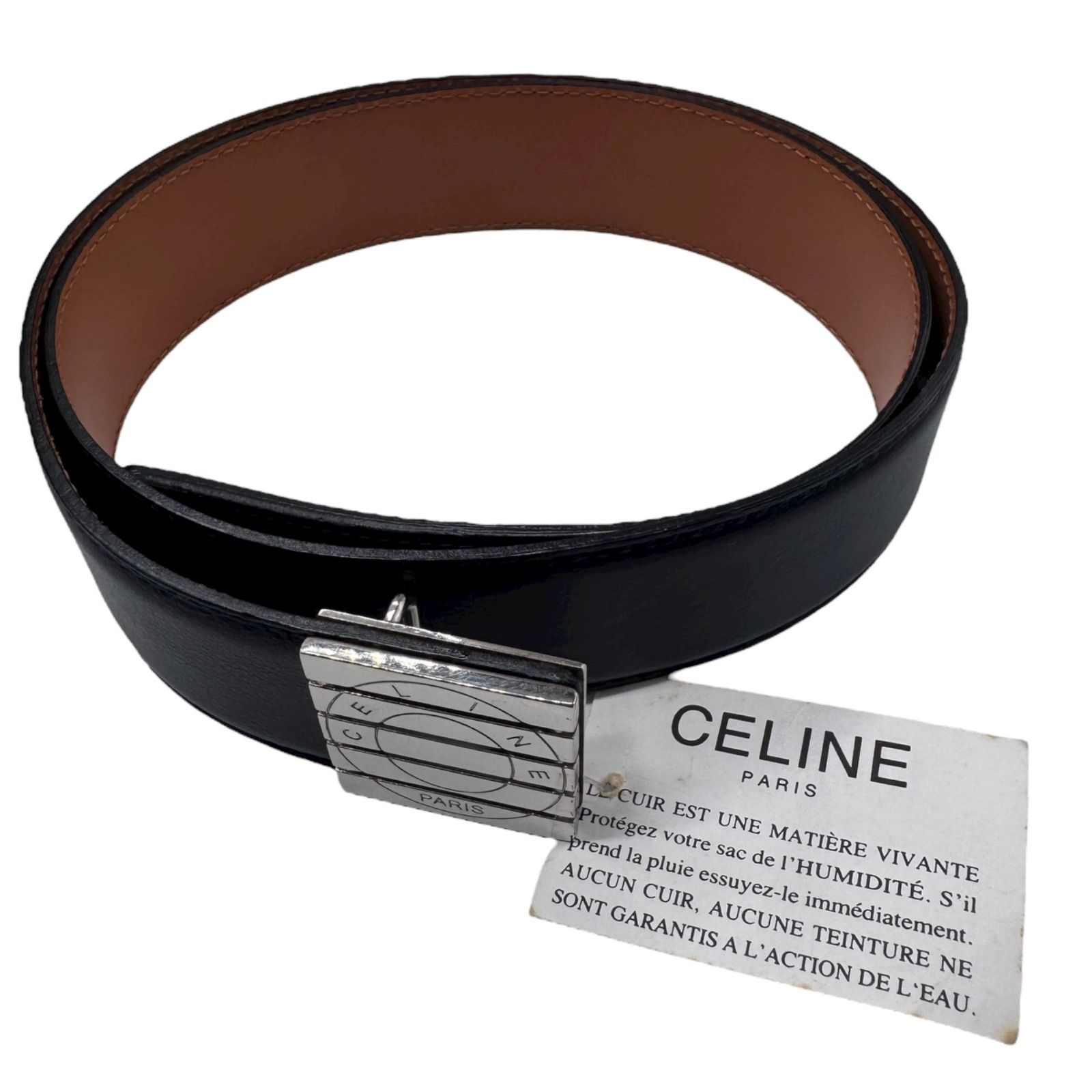 CELINE セリーヌ サークルロゴ スクエア金具 レザーベルト ブラック シルバー 本革 イタリア製 ヴィンテージ