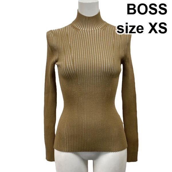 ボス BOSS モックネック リブニット 長袖 デザインステッチ トップス スリムフィット ベージュ XS 5号 レディース S5X201