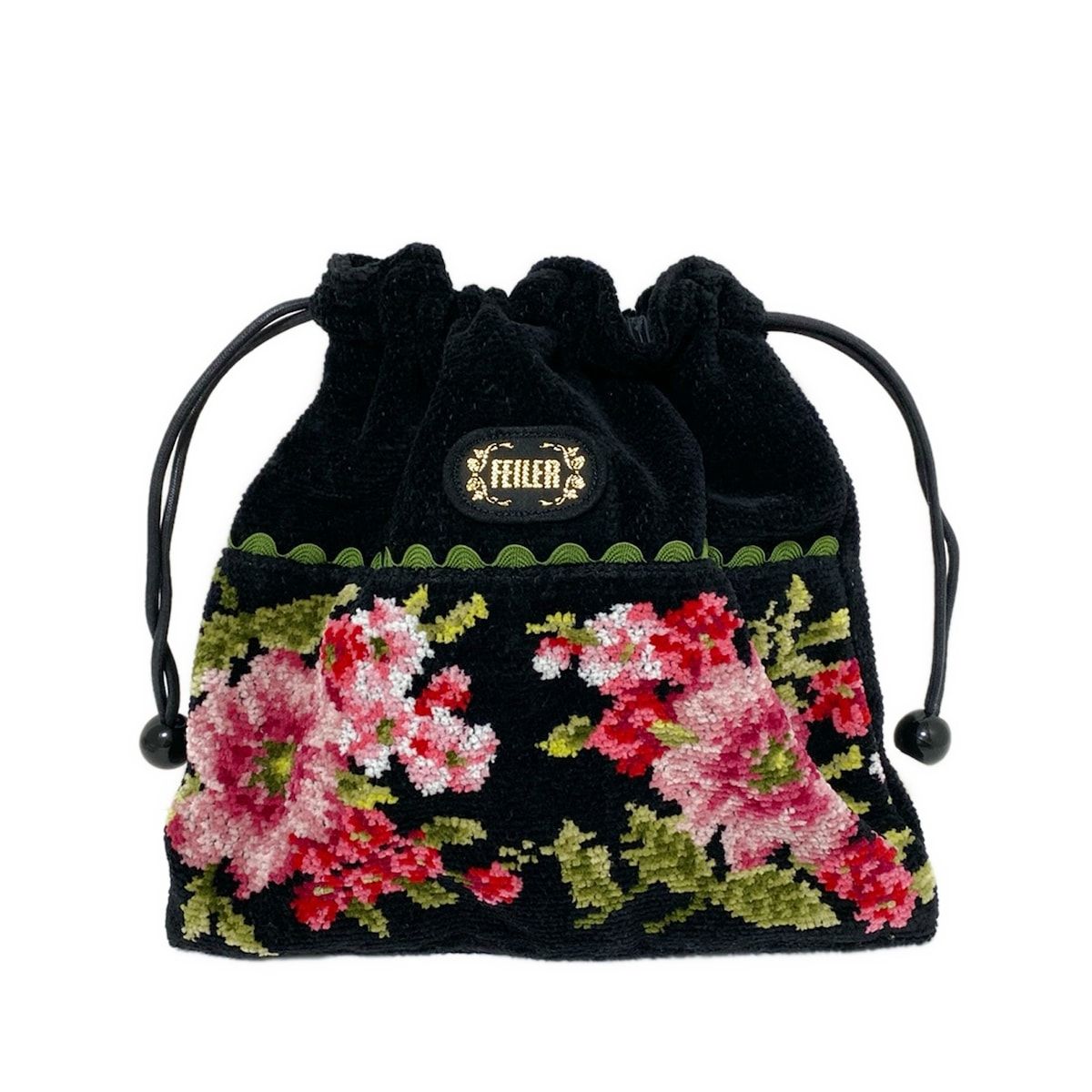 FEILER フェイラー ポーチ - 黒×カーキ×マルチ 花柄 フリル 巾着型
