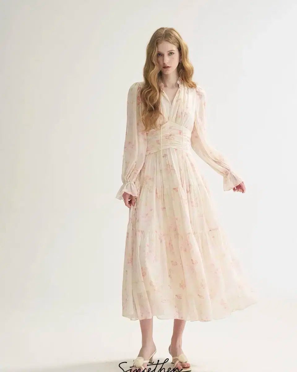 Mサイズ シンスゼン ピーチ フローラル ロング丈ワンピース シフォン 春 秋 ONE PIECE