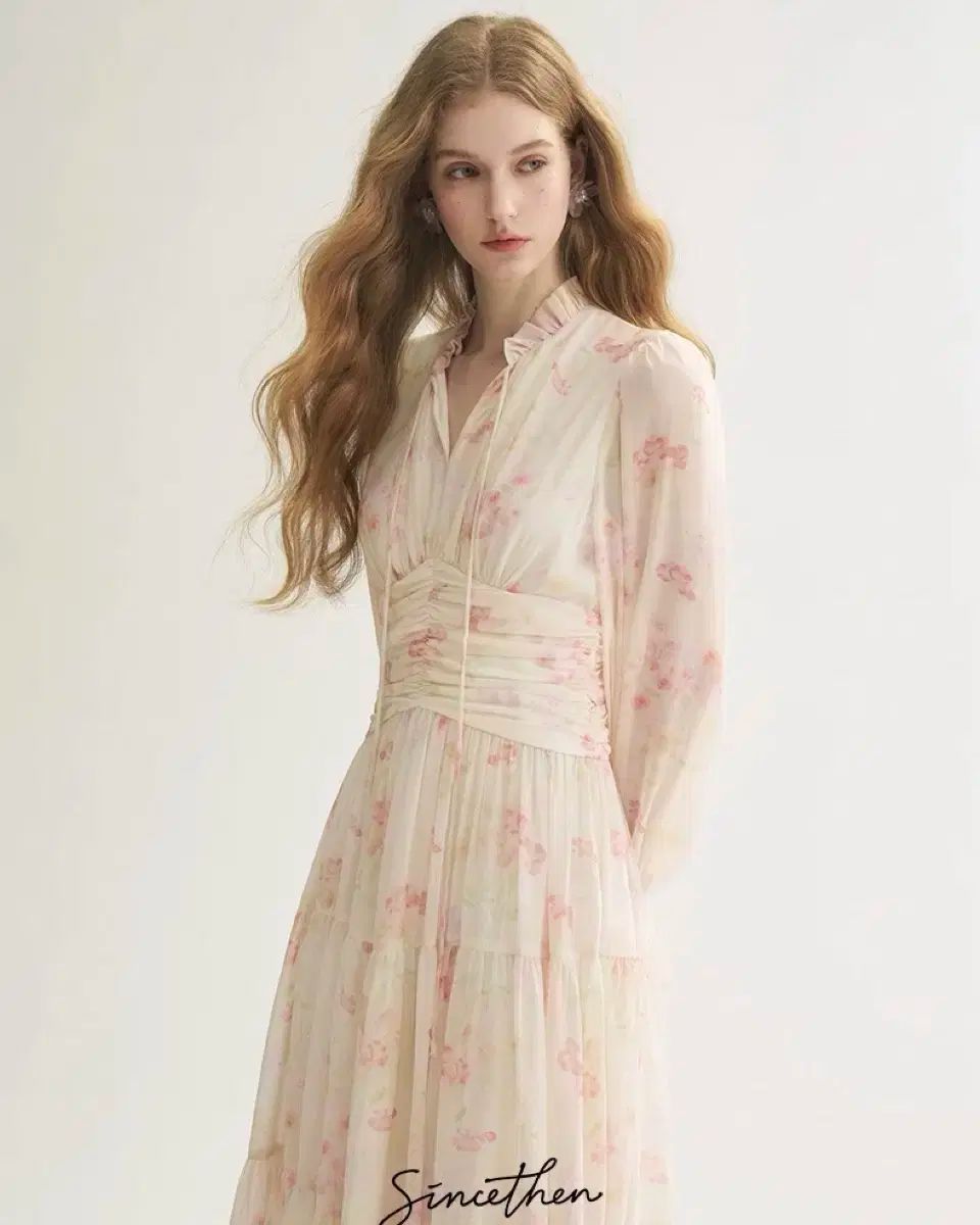 Mサイズ シンスゼン ピーチ フローラル ロング丈ワンピース シフォン 春 秋 ONE PIECE