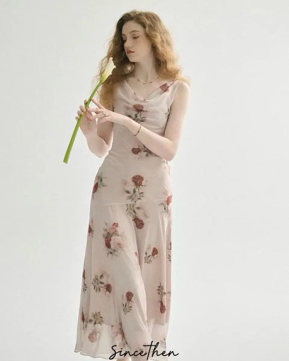 Mサイズ Since Then ミュートベージュ フラワー ロング丈ワンピース リゾートベージュワンピース