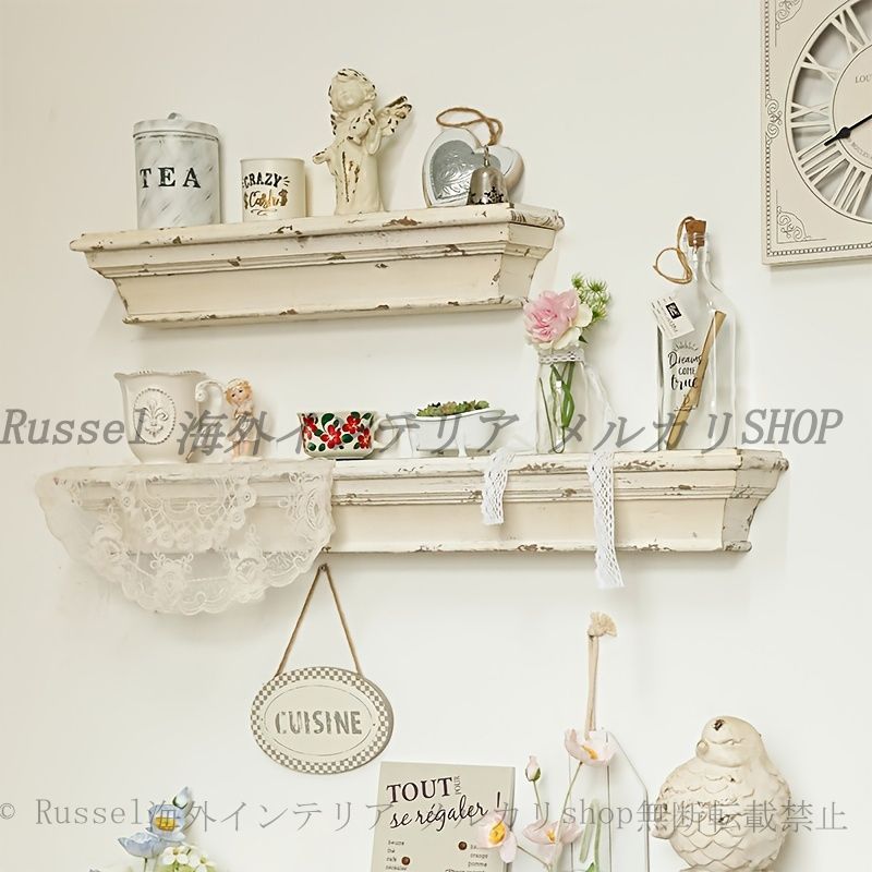 オープン シェルフ フレンチ レトロ 木製 壁掛け おしゃれ かわいい インテリア ヴィンテージ調 収納 棚 ダイニング キッチン ディスプレイ 展示