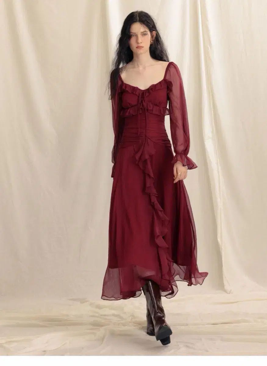 Sサイズ Since Then さくらんぼレッド フリル ロング丈ワンピース シフォンバーガンディフリルドレス