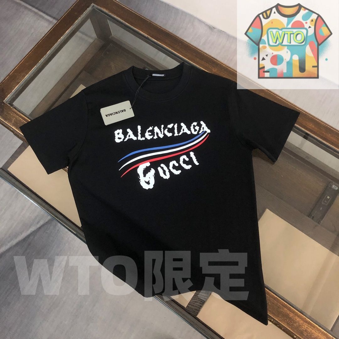 WTO通販 GUCCI 夏季新款 カップル用 綿 クルーネックTシャツ ブラック ホワイト -WTO輸入-KPA42