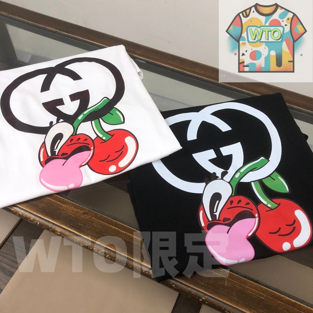 WTO通販 GUCCI 夏季新款 カップル用 綿 クルーネックTシャツ ブラック ホワイト WTO輸入 CDJ 08